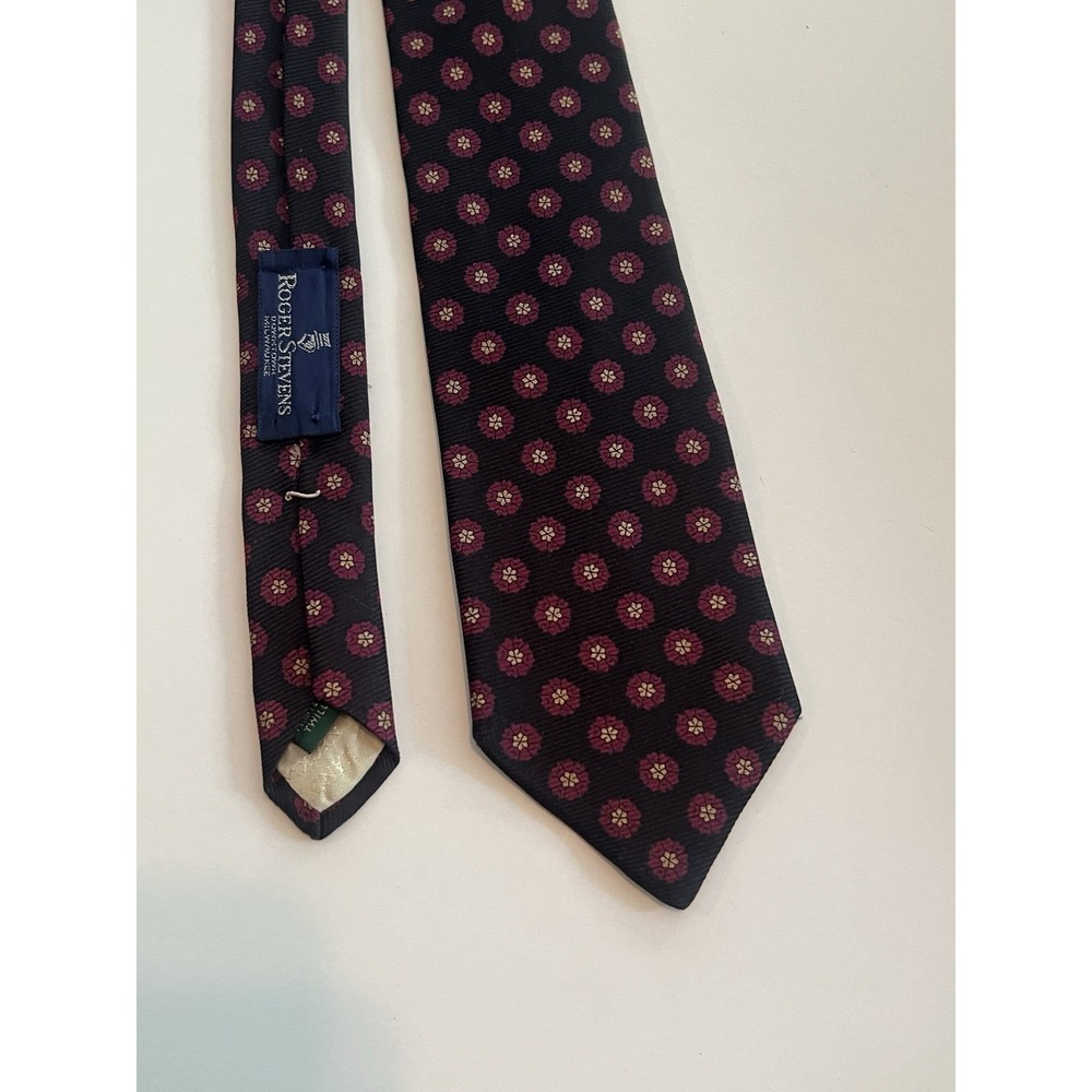 H. Hickey Freeman Navy Blue Geometric Maroon Floral Silk Printed Twill Tie
